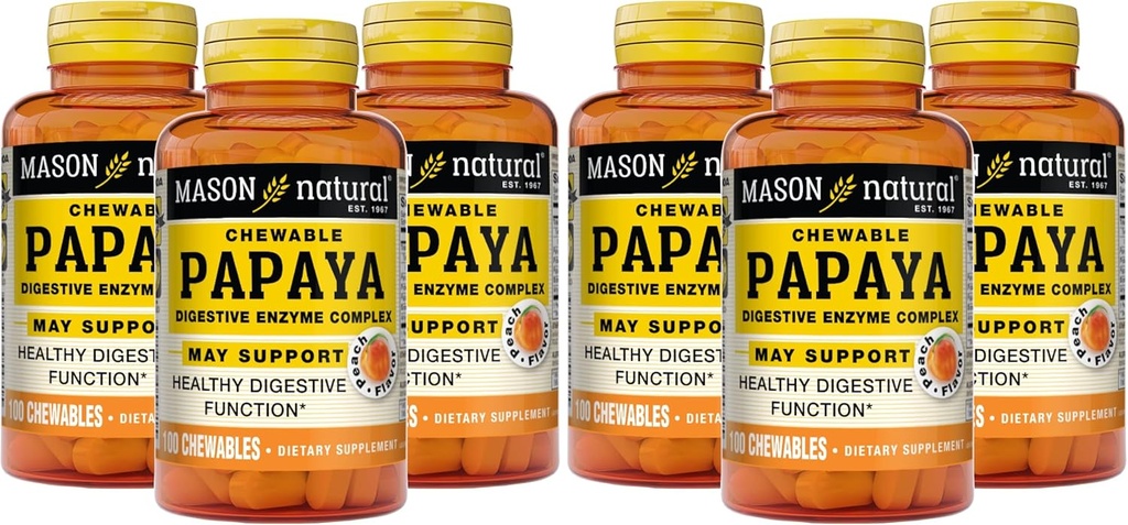 MASON NATURAL Papaya Complexe enzymatique digestif - Fonction digestive saine, favorise l'absorption des nutriments, l'arôme de pêche, 100 Chewables (paquet de 6)