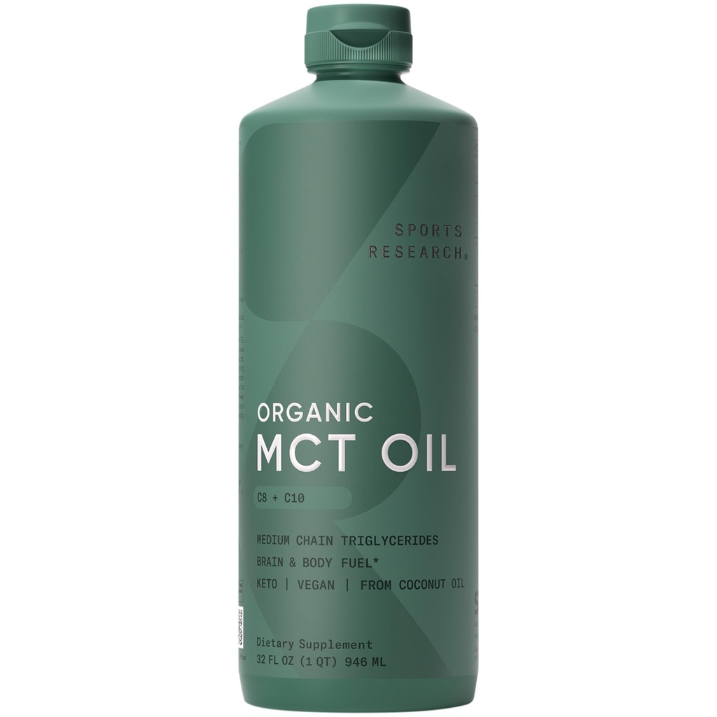 Recherche sportive Bio MCT Huile - Keto & Vegan MCTs C8, C10 de noix de coco - Cerveau acide gras et carburant corporel, sans OGM et sans gluten - Huile sans saveur, parfait dans le café, thé et protéines Shakes - 32 oz