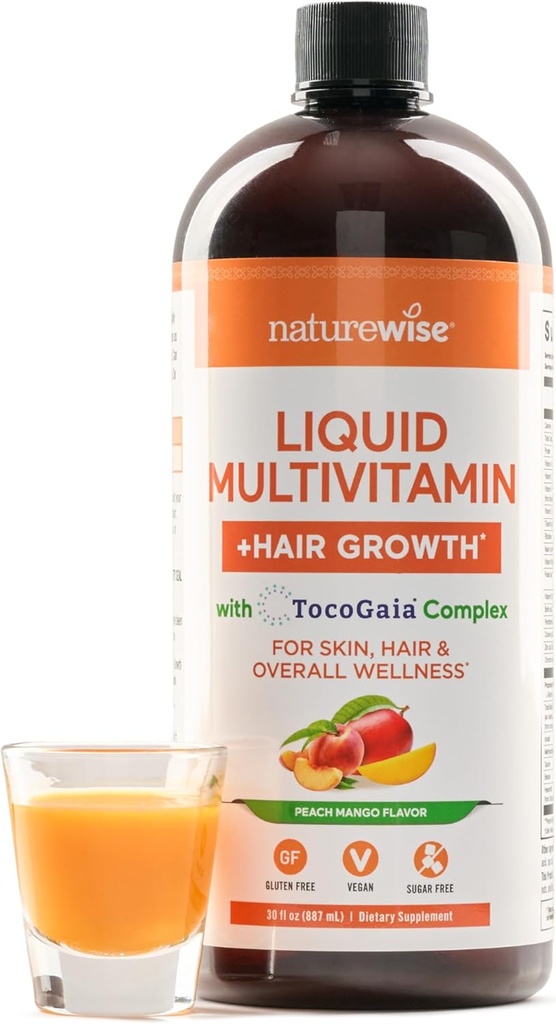NatureWise Multivitamine liquide croissance des cheveux pour les femmes et les hommes + Tocogaia® pour la croissance des cheveux et l'élasticité de la peau support + biotine, vitamine D, E, B - sans sucre multivitamine, végétalien - 30 fl oz[30 portions]