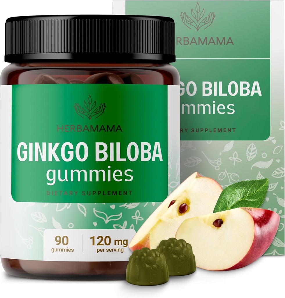 HERBAMAMA Ginkgo Biloba Gummies - 120mg Ginkgo Biloba Herbe pour le soutien du cerveau - Vegan, non-OGM Cerveau Focus & Clarity Supplément - 90 Pectines à base de pommes