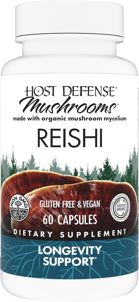 Host Defense Reishi Capsules - Supplément Heart & Immune Health Support - Supplément Champignon pour soutenir l'énergie et la vitalité - Supplément Reishi pour aider le bien-être général - 60 capsules (30 portions)*