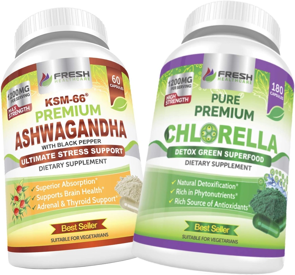 FRAIS DE SANTÉ Ashwagandha KSM 66 et Chlorella Detox Superfood - Bundle