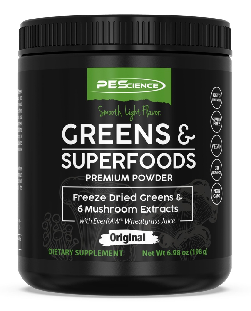 Poudre PEScience Greens Superfood avec Chlorophylle naturelle, Reishi & Turkey Tail Poudres de champignons, Kale séché au gel, Épinards, Sprouts de brocoli, Arôme original, 30 portions