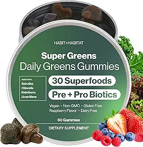 Daily Greens Plus Gummies - Superfood Blend avec Chlorella, Spiruline, Beetroot, Lion, Ashwagandha et Reishi pour l'énergie, le stress et le bien-être - Aromatisé aux framboises - 60 Comte