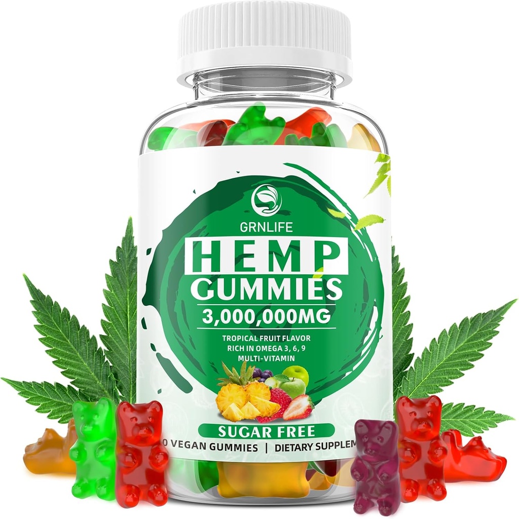 Gommies de chanvre avec extrait d'huile de chanvre pur de haute puissance, 3000000mg Suppléments de chanvre de force supplémentaire, 100% Gommy de chanvre naturel pour la paix et la détente, non-OGM, sans sucre, 60 Compte