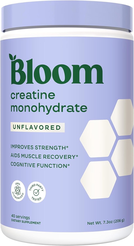 Bloom Nutrition Poudre monohydratée de créatine, 5g de créatine micronisée par portion, soutient la récupération musculaire, la force, l'endurance, avant ou après l'entraînement, sans gluten, sans OGM, sans saveur, 40 SVG, 7,3 oz