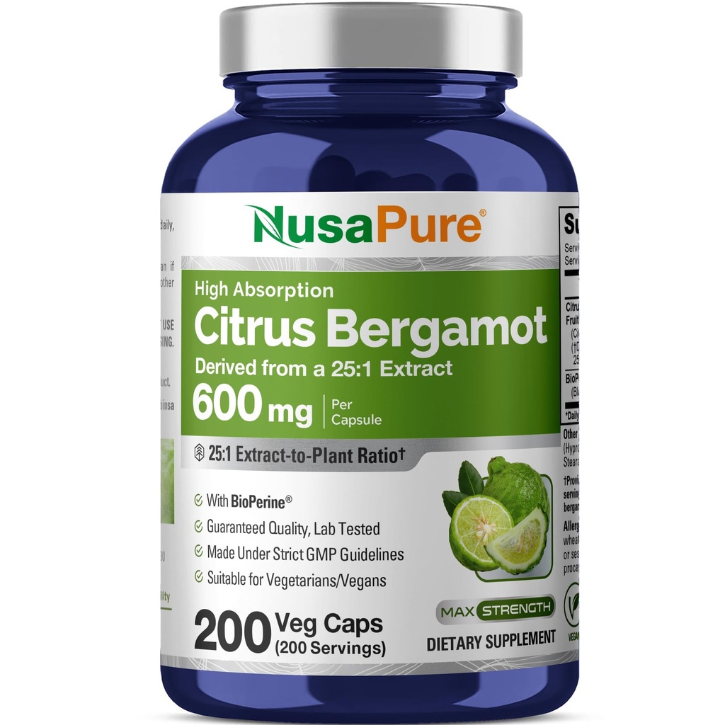 NusaPure Citrus Bergamot Capsules, 600 mg, 200 Veg Capsules (Non-GMO, Vegan)