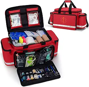 Trunab Emergency Responder Trauma Bag Empty, Professional First Aid Kits Storage Medical Bag with Inner Dividers and No-Scratch Bottom, Ideal for EMT, EMS, Paramedics, Red, BAG ONLY