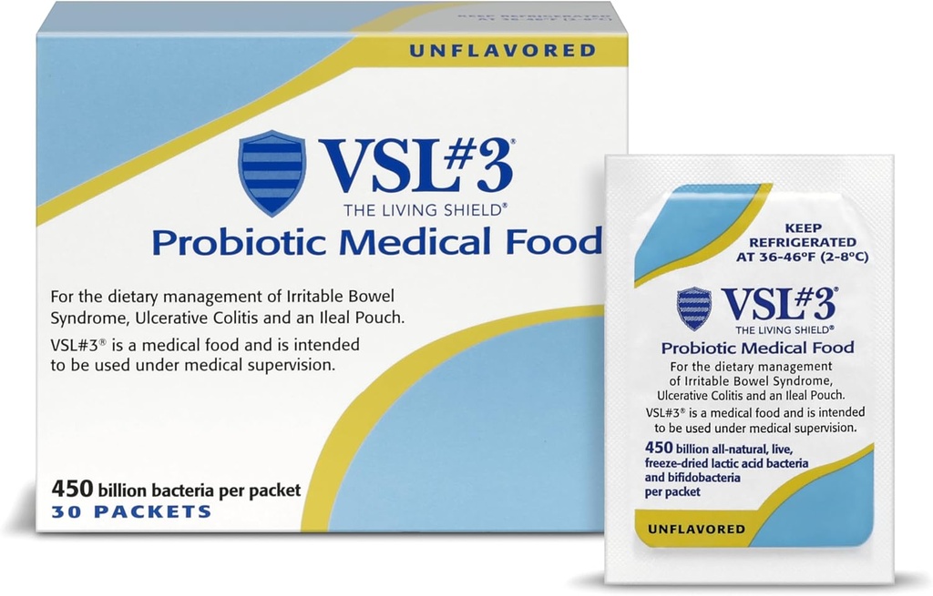 VSL #3® Poudre probiotique pour la santé digestive, IBS et symptômes UC - 450B UFC, haute capacité, multi-train, probiotique vivant, réfrigéré, aliments médicaux pour le soutien de la santé Gut chez les hommes et les femmes, 30 Pack