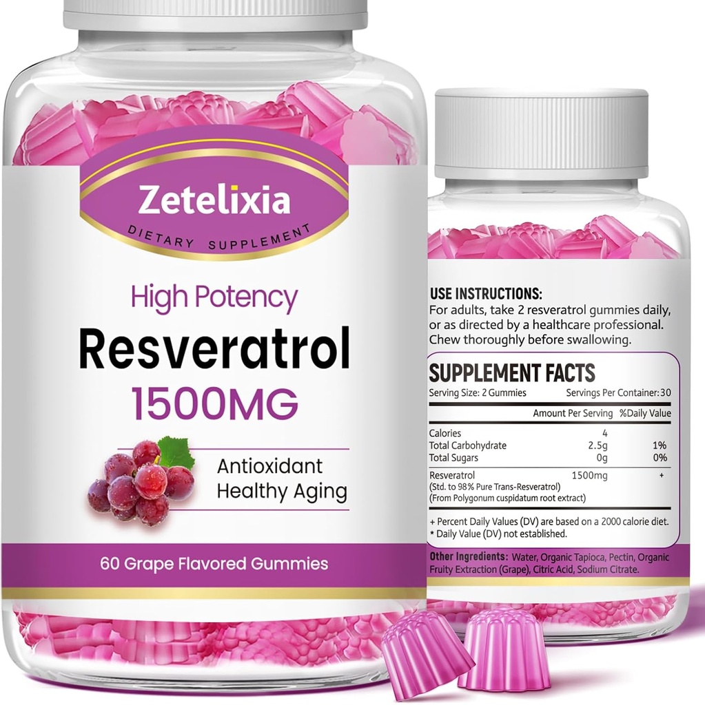 Gummies de resvératrol sans sucre - Supplément de resvératrol haute pureté pour antioxydant, vieillissement en santé, peau, cerveau, biologique - 120 Gummies