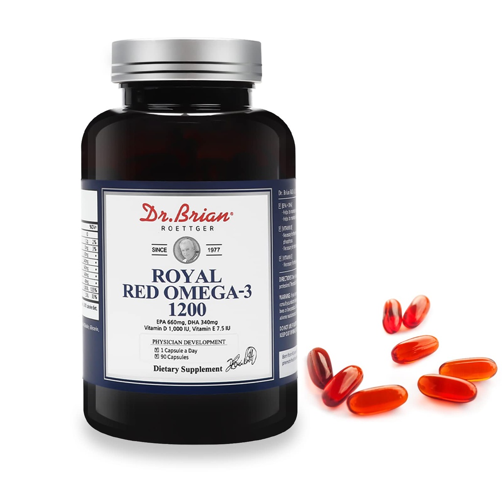 Dr Brian Royal Red Omega 3 1200, Supplément à l'huile de poisson avec EPA et DHA Omega3 Huile de poisson contenant de la vitamine D, E Omega-3 Soutien pour la santé physique - 90 gels mous