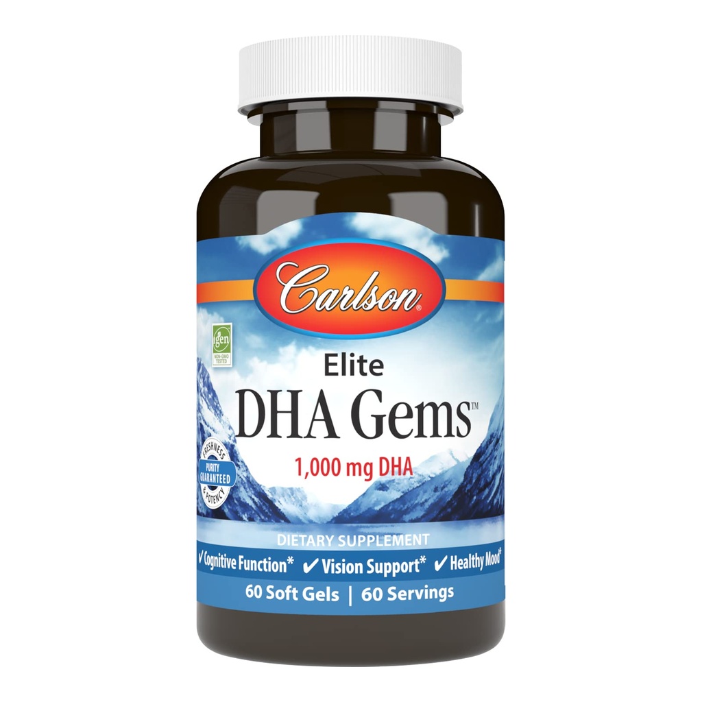 Carlson - Elite DHA Gems, 1000 mg DHA, prise sauvage, source durable, fonction cérébrale et vision saine, 60 softgels