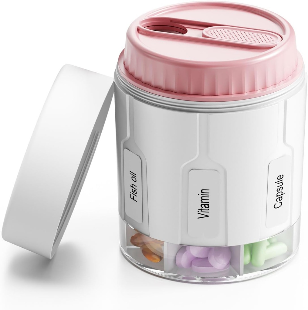 Daviky Pill Organisateur de bouteille, organisateur de supplément avec 7 grands compartiments, distributeur de pilules de voyage boîte à pilules ronde avec deux lids(Pink