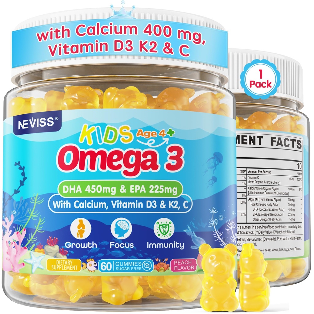 Enfants Omega 3 Gummies + Calcium 400mg + Vitamine D3 K2 + C, Omega-3 Supplément DHA & EPA - Pas de Burps de poisson, Pas de sucre - Enfants et adolescents Om=3ga + Gummy multivitamine pour les os forts, Cerveau, Immune, Yeux, 60Cts