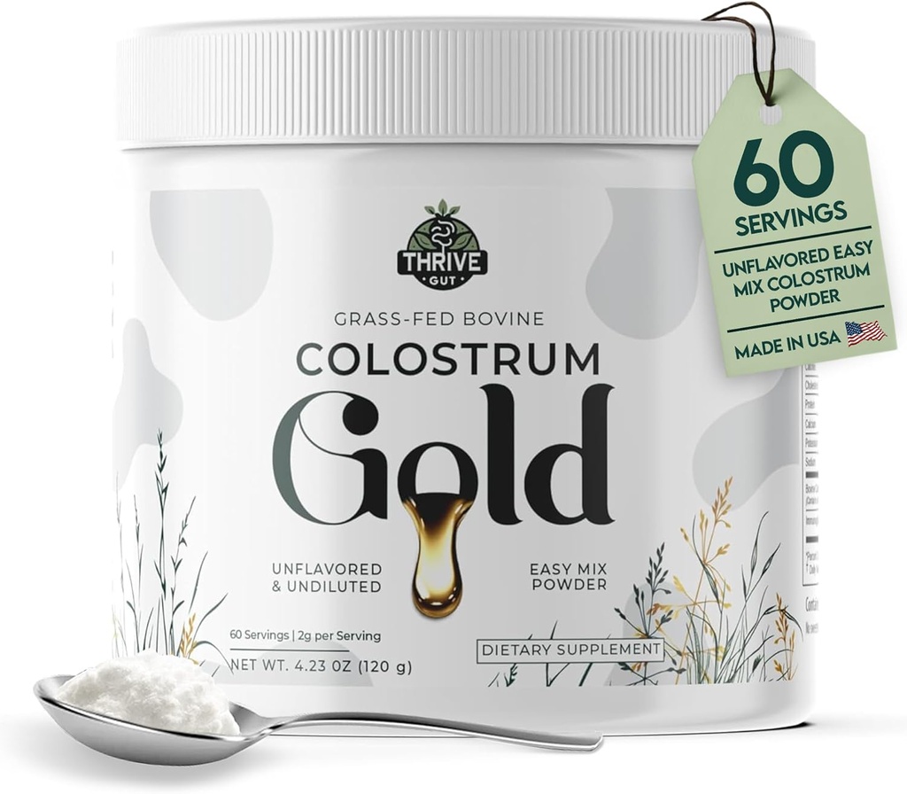 Colostrum Gold - Supplément en poudre de colostrum à base d'herbe pour l'immunité, la santé des Guts, les muscles et le bien-être - Les superaliments quotidiens soutiennent les cheveux, la peau, les ongles - Femmes et hommes - Non aromatisé, 60 portions