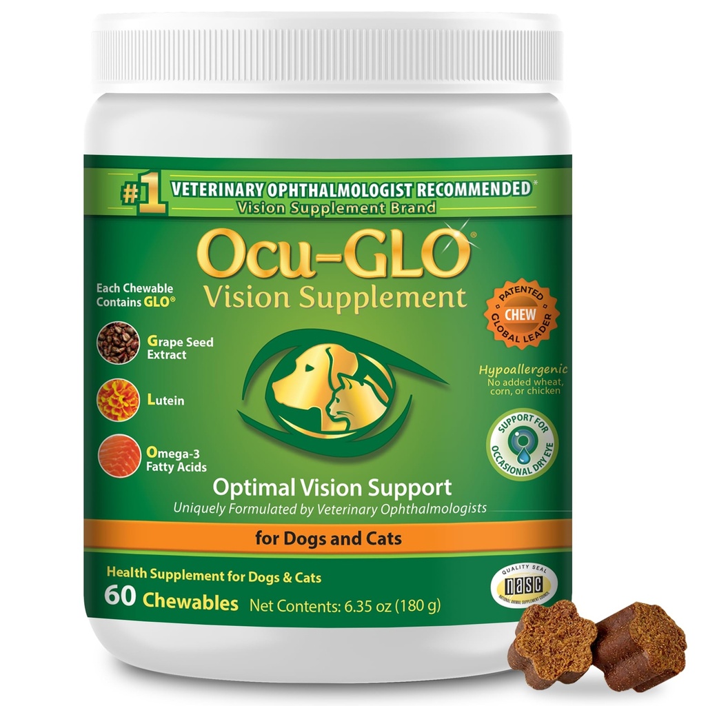 Supplément Ocu-GLO Cat & Dog Senior pour le soutien des yeux - Suppléments vitaminiques pour petits et grands animaux de compagnie avec lutéine, acides gras oméga-3, extrait de graines de raisin et antioxydants