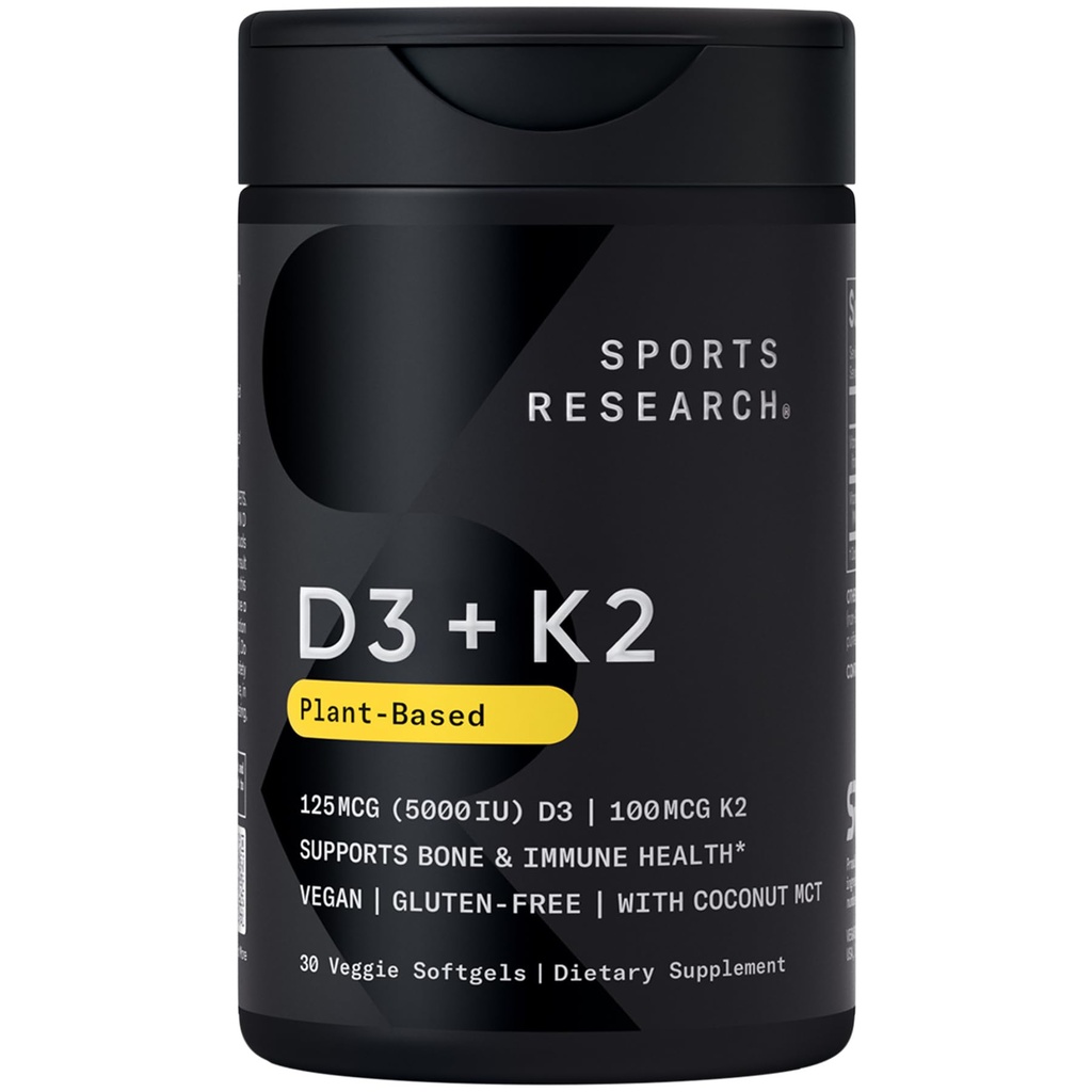 Recherche sportive Vitamine végétale D3 + K2 supplément avec huile de coco biologique - 5000iu Vitamine D avec 100mcg Mk7 Vitamine K - soutient le calcium pour des os plus forts et la santé immunitaire - 30 softgels pour les adultes