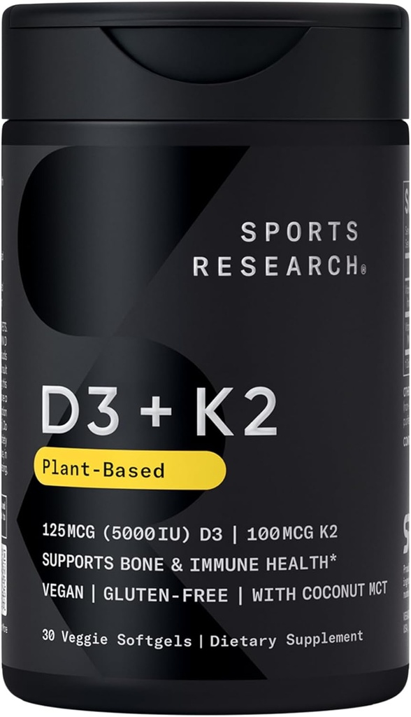 Recherche sportive Vitamine végétale D3 + K2 supplément avec huile de coco biologique - 5000iu Vitamine D avec 100mcg Mk7 Vitamine K - soutient le calcium pour des os plus forts et la santé immunitaire - 30 softgels pour les adultes