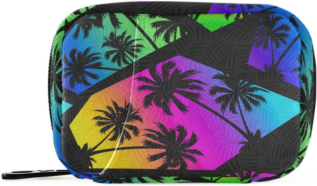 Pill Box Colorful Geometry Palm Trees 7 Day Pill Case Travel Pill Organizer Bag with Zipper Portable Weekly Vitamin Medicine Supporter Pouch Bag