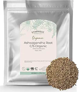 Starwest Botanicals Root Organic Ashwagandha pour les femmes et les hommes - Herbe séchée pour thé, capsules et mélanges naturels à base de plantes, coupée et tamisée, casher certifié, non-OGM - en vrac 1 lb Sac