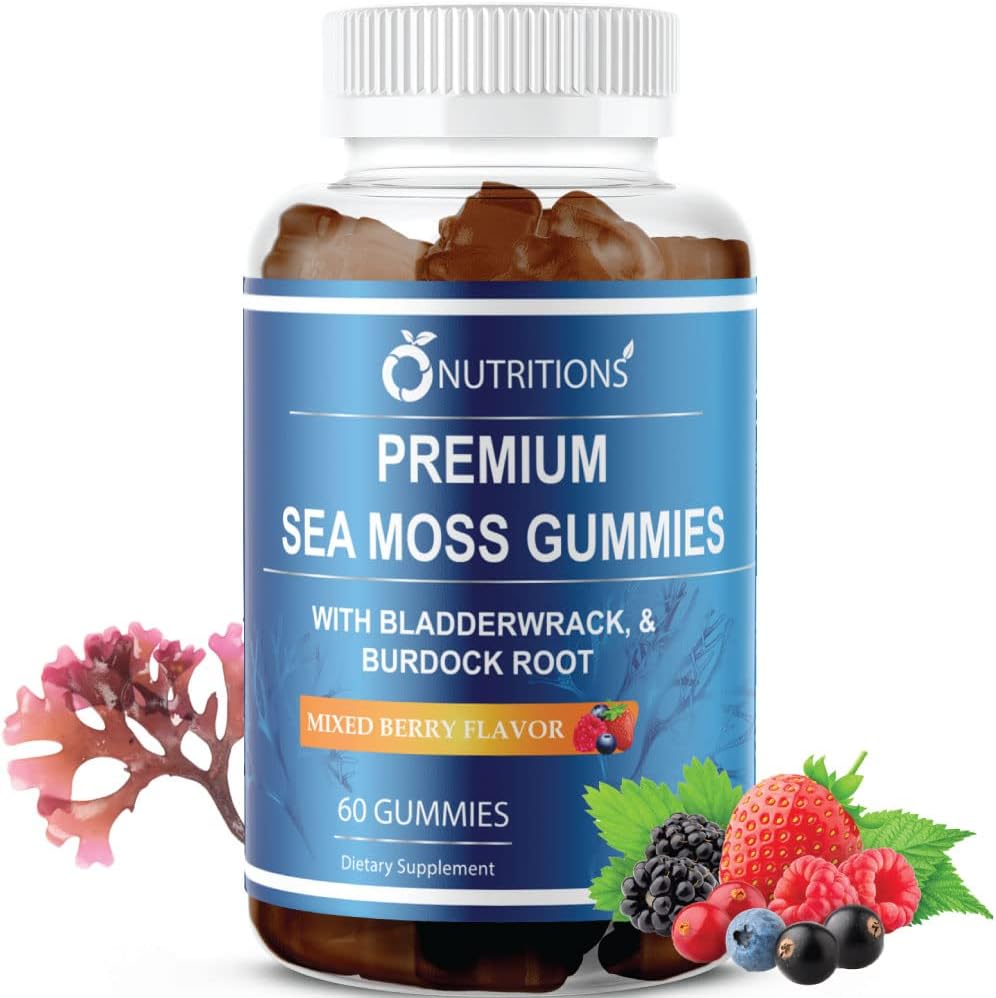 O NUTRITIONS Premium Mousse de mer Gommies fabriqués avec de la mousse de mer irlandaise, de la racine de lard et de Bladderwrack - Supplément d'alcaline brut Seamoss