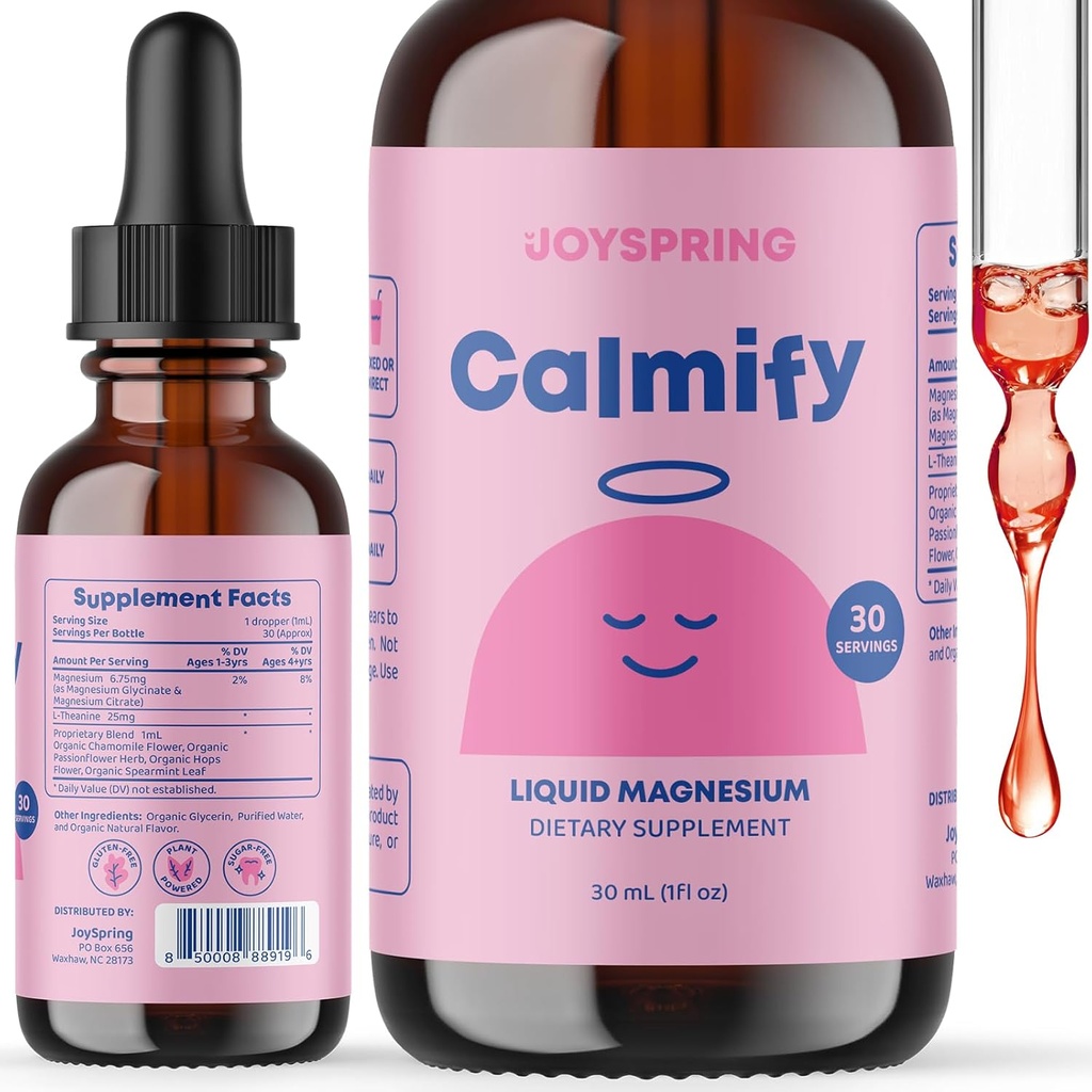 JoySpring calmant le Citrate de magnésium liquide pour les enfants - Supplément de calmant sans sucre et sans gluten avec camomille - Soutien naturel pour les enfants et les adolescents (1 fl oz) 30 portions