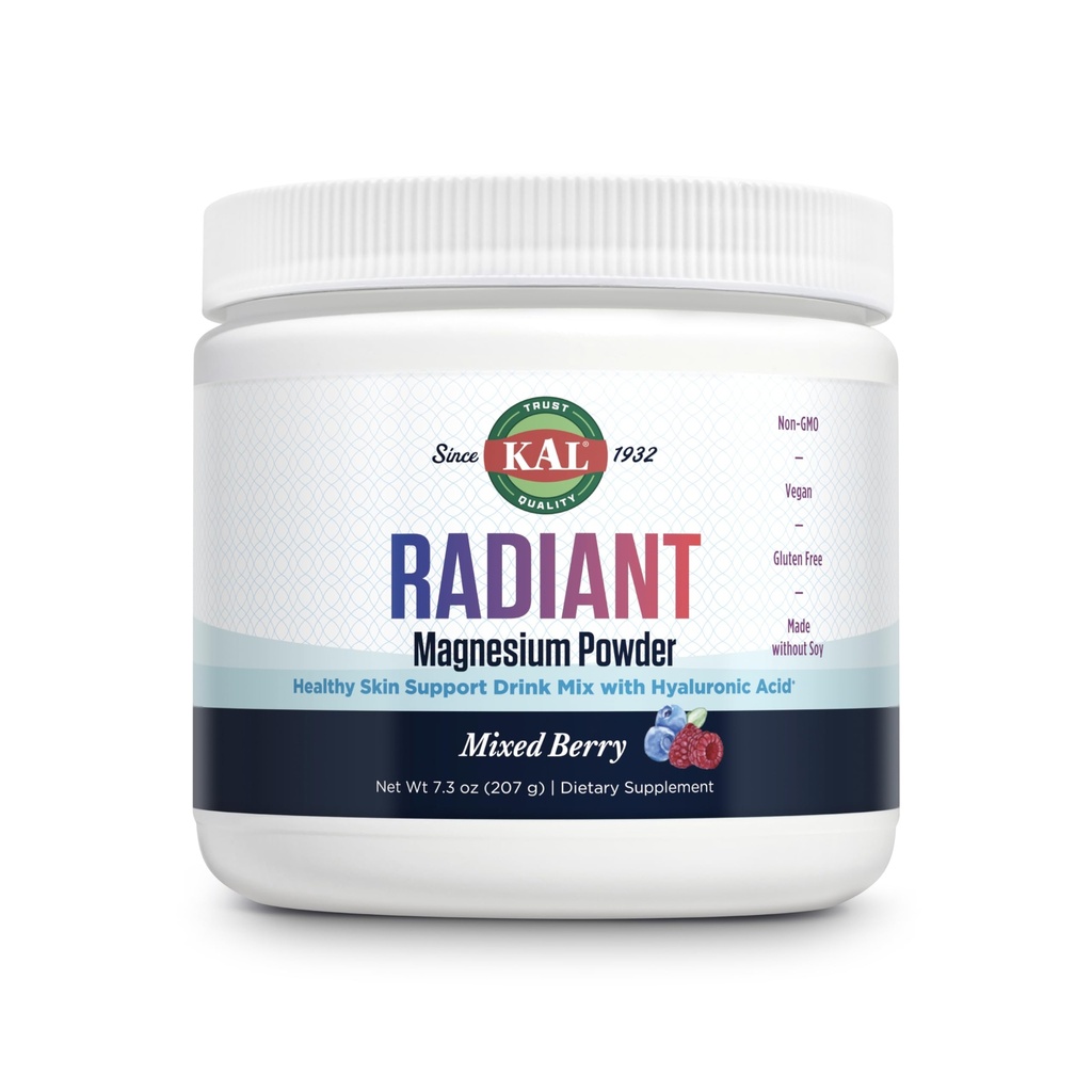 KAL Radiant poudre de magnésium, mélange d'arôme de baies, supplément d'acide hyaluronique et de magnésium, peau et support antioxydant, sans sucre, 60 portions, 7,3 OZ