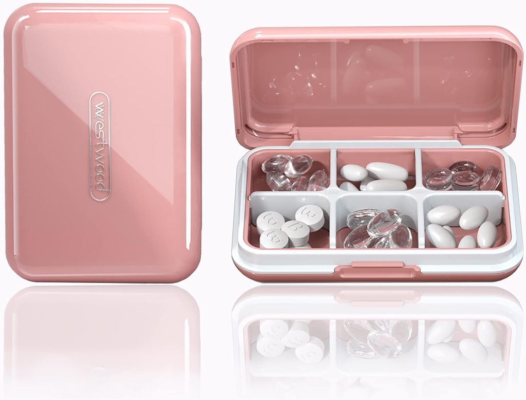 Organisateur de pilules de voyage Humidité Imperméable Petite boîte à pilules pour la purée de poche 6 Compartiments Portable Pill Case Medicine Porte-vitamine, Rose