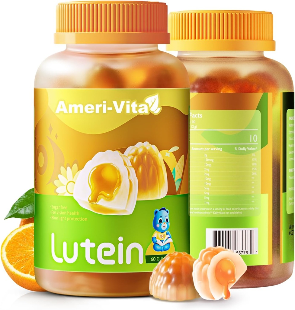 Lutéine sans sucre 5mg Gummies pour la santé des yeux: avec 1mg Zeaxanthin, Lutéine suppléments Vitamines pour les yeux Gummies remplis Lutéine supplément pour la vision et la protection de la lumière bleue, Orange Flavor, 60 Compte