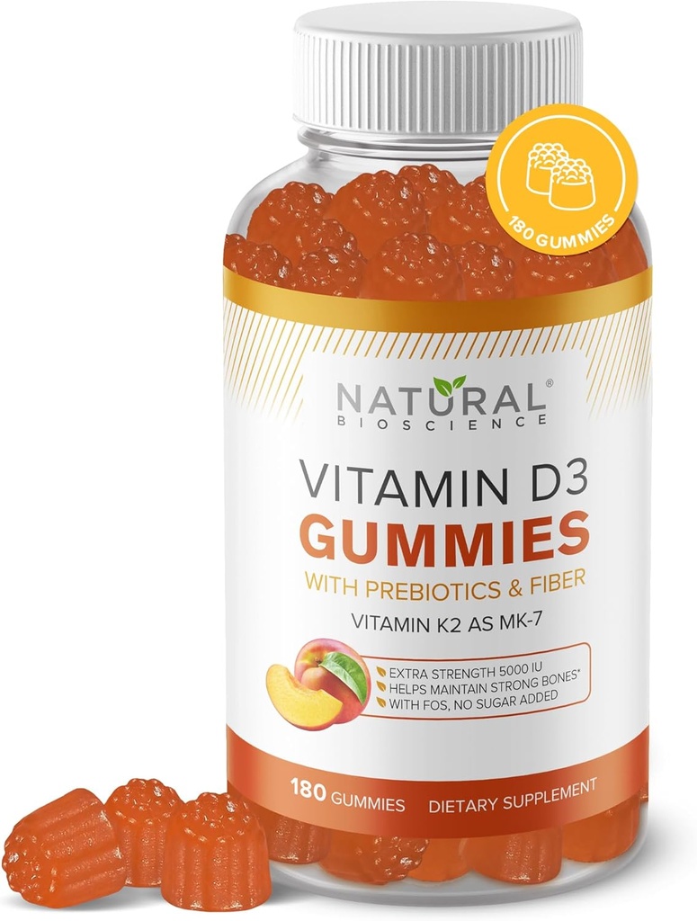 Vitamine sans sucre D3 K2 Gummies - Vitamine D3 Gummies 5000 UI+K2 MK7 80 mcg, K2 D3 Supplément de vitamine Adultes, Vitamine D K2 pour les os, Immune, Coeur, Mood, Sans gluten, Non-OGM, Saveur naturelle de pêche