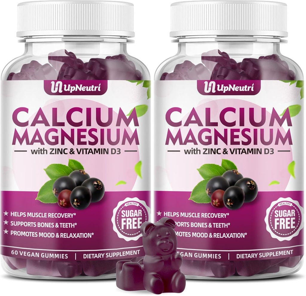 Zinc de magnésium de calcium avec supplément de vitamine D3, Gommies de calcium sans sucre pour les femmes hommes, Gommies de zinc d'absorption élevée pour les os et les muscles et la santé immunitaire, Saveur de mûrier végétalien - 120 comte