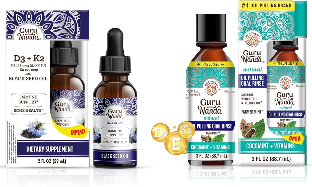 GuruNanda Black Seed Oil 5000 UI Vitamine D3, K2 & E + Huile de coco Tirant avec les huiles essentielles Vitamine D3, E, K2 pour le soutien immunitaire, hygiène bucco-dentaire