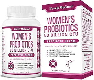 Probiotiques purement optimaux pour les femmes 60 milliards CFU – Soutient la santé digestive et vaginale, le contrôle de l'odeur, l'équilibre du pH – avec les prébiotiques et les canneberges – Probiotiques stables pour les femmes, 30 capsules