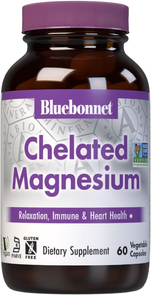 Bluebonnet Nutrition Albion Chelated Magnesium Vegetable Capsule, 200 mg, Stress Relief, Vegan, Non GMO, Gluten Free, Soy Free, Milk Free, Kosher, 60 Vegetable Capsule, 1 Month Supply