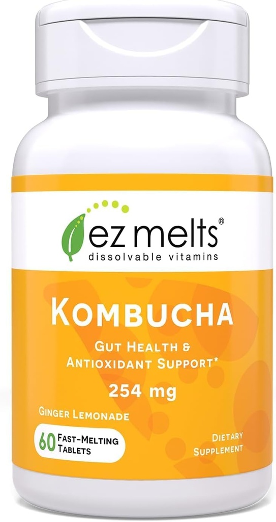 EZ Melts Comprimés Kombucha sans sucre dissolvables avec vinaigre SCOBY et cidre de pomme, Suppléments de santé Gut pour les hommes et les femmes, Ginger Lemonade Flavor, 2 mois d'approvisionnement - 1 pack