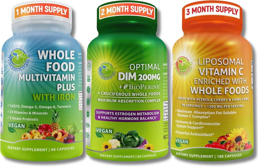 SUPPLÉMENTS STUDIO Hormone Balance Support & Immune Defense Bundle for Men & Women - Optimal DIM 200mg + Multivitamine d'aliments entiers avec fer + vitamine liposomique C 1500mg – végétalien, non-OGM