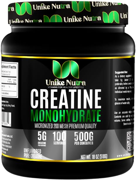 Supplément en poudre monohydraté de la créatine pure, non aromatisé, soutient l'énergie musculaire en vrac, la récupération et la force - Supplément en créatine pour les hommes et les femmes - 500G, 5000mg par portion (5g) - 100 portions