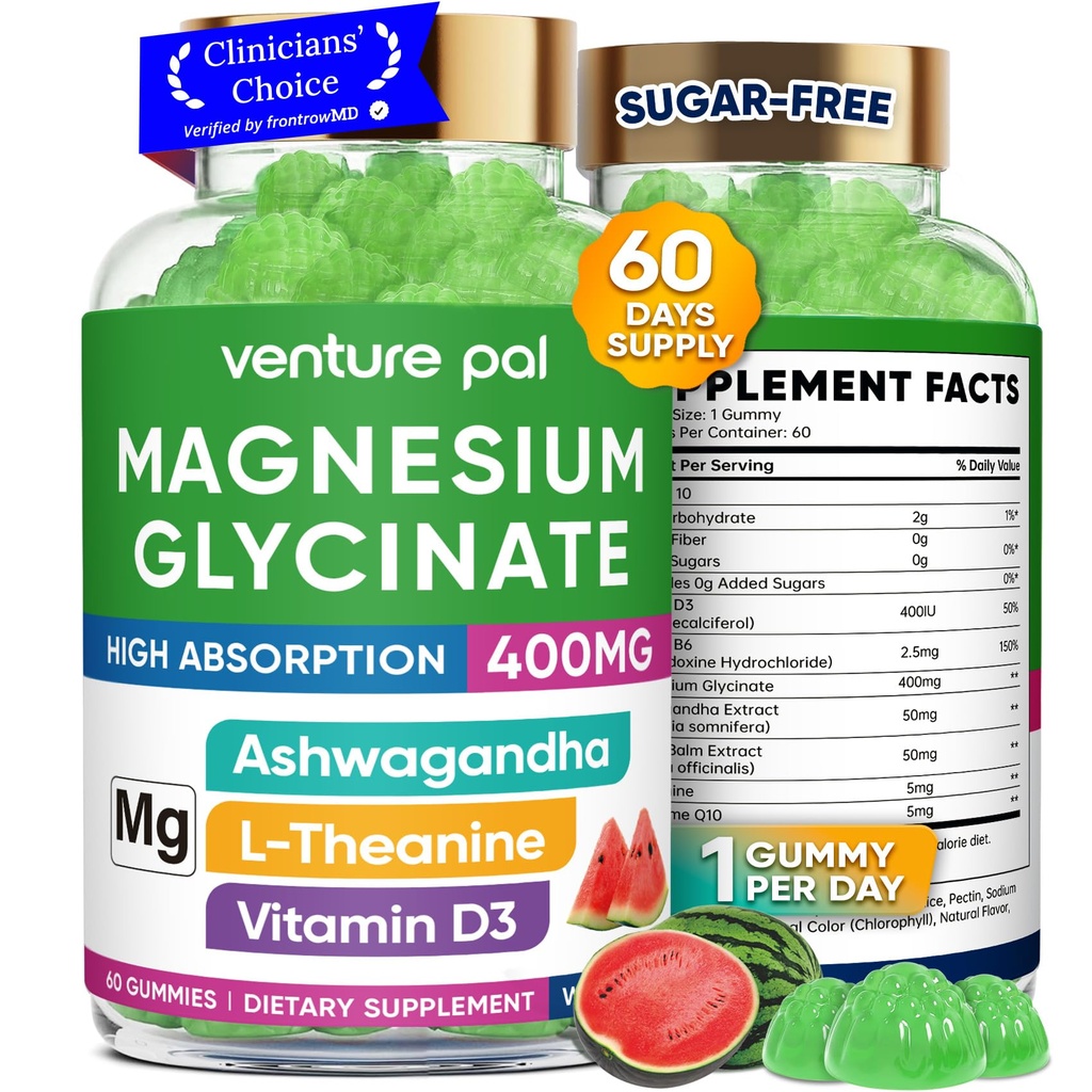 60 Day Supply Magnesium Glycinate 400mg Gummies with Ashwagandha, L-Theanine, CoQ10, Vitamin D3 & B6, Sugar Free Magnesium Gummies for Adults & Kids, Stress Relief, Sleep & Calm, Vegan, Gluten Free