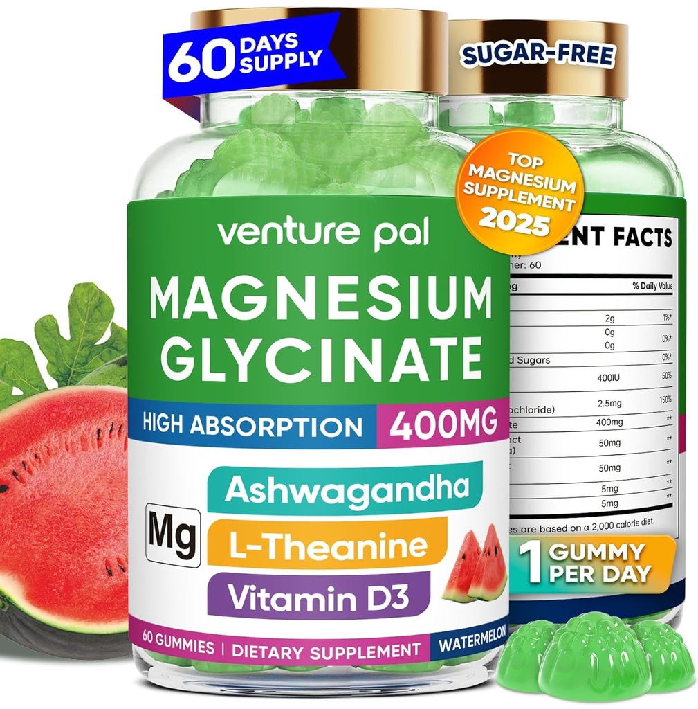 60 jours d'approvisionnement Magnésium Glycinat 400mg Gommies avec Ashwagandha, L-Theanine, CoQ10, Vitamine D3 & B6, sans sucre Gommies de magnésium pour adultes et enfants, soulagement du stress, sommeil et calme, végétalien, sans gluten