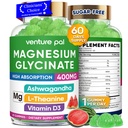60 jours d'approvisionnement Magnésium Glycinat 400mg Gommies avec Ashwagandha, L-Theanine, CoQ10, Vitamine D3 & B6, sans sucre Gommies de magnésium pour adultes et enfants, soulagement du stress, sommeil et calme, végétalien, sans gluten