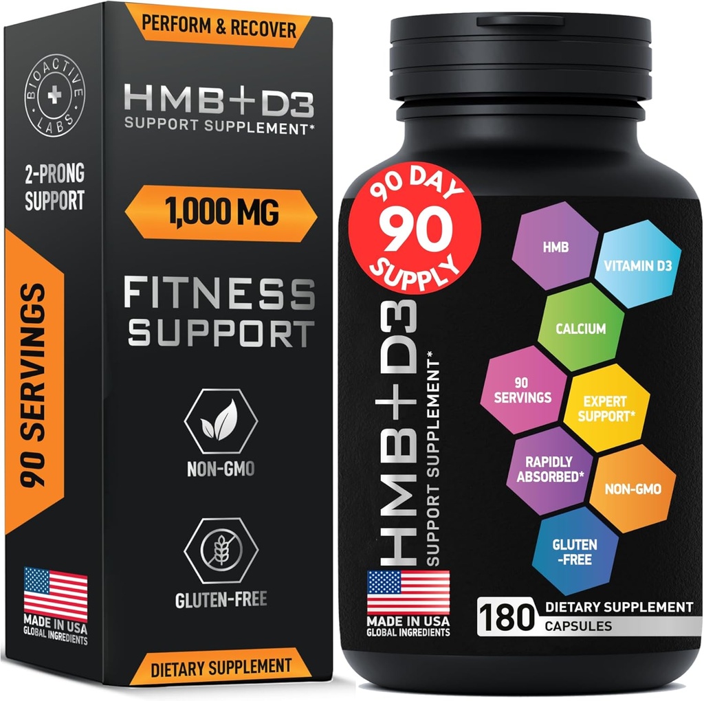 Suppléments HMB avec vitamine D3 - 1 000 mg de bêta-Hydroxy de calcium Beta-méthylbutyrate par portion pour la croissance, la force et la récupération musculaires - 180 capsules HMB sans gluten, non-OGM, alimentation de 3 mois