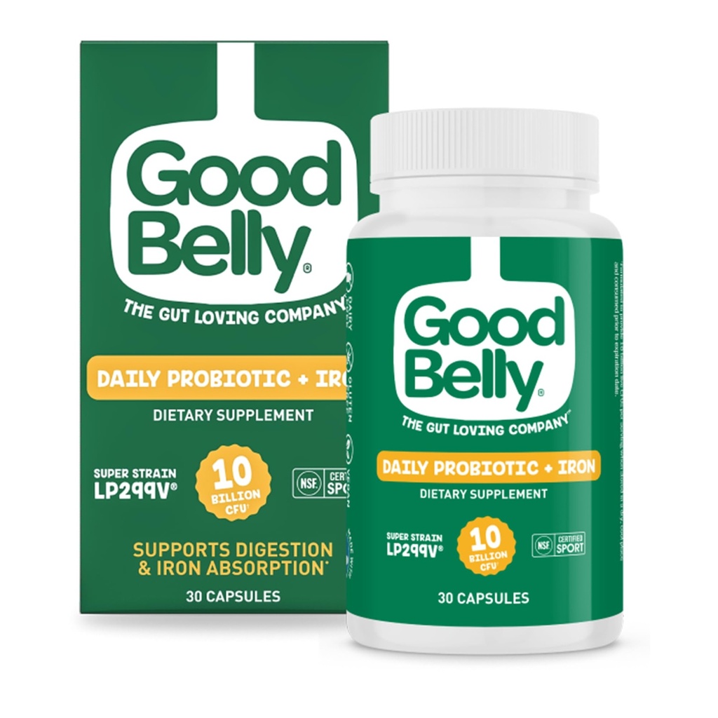 GoodBelly Probiotic Capsules pour la santé digestive et l'absorption de fer. Supplément probiotique végétalien avec 10 milliards de cultures vivantes.