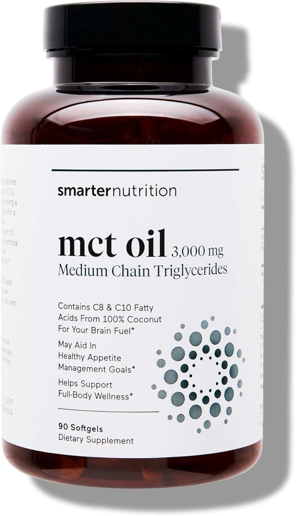 SMARTERNUTRITION Capsules d'huile MCT C8 et C10 - Combustible kétogénique pour le cerveau et le corps, énergie soutenue - à partir de noix de coco pressée à froid, Palme et sans gluten, non OGM - 90 Compte - 30 jours d'approvisionnement