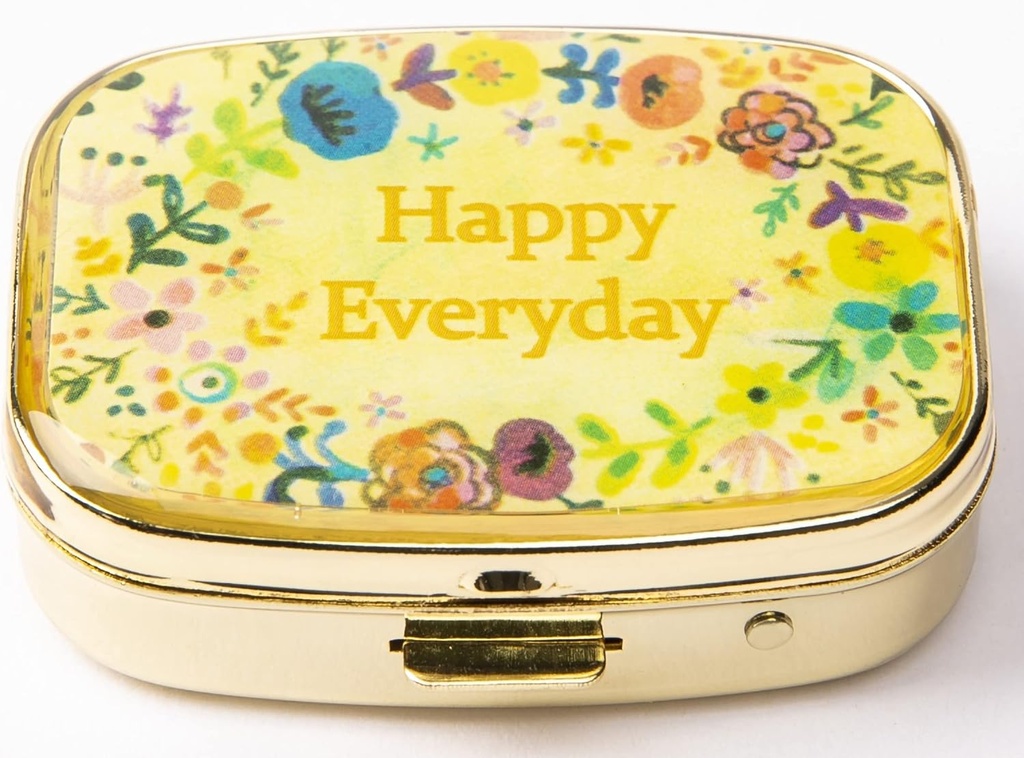 AmyZone Metal Pill Organizer Travel Friendly Portable Compact Pill Box Cute Pill Case pour contenir des vitamines/Tylenol/Huile de poisson/Suppléments/Meds/Tablet for Purse/Pocket (Happy Everyday)