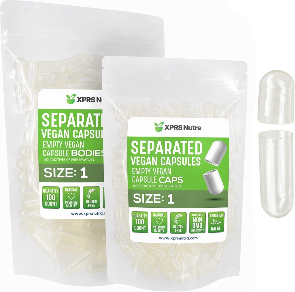 XPRS Nutra Vegan Taille 1 Capsules séparées - 100 Compter Effacer Capsules vides Premium Séparées dans des sacs - Pills 1 Vide pour le remplissage supplémentaire de bricolage