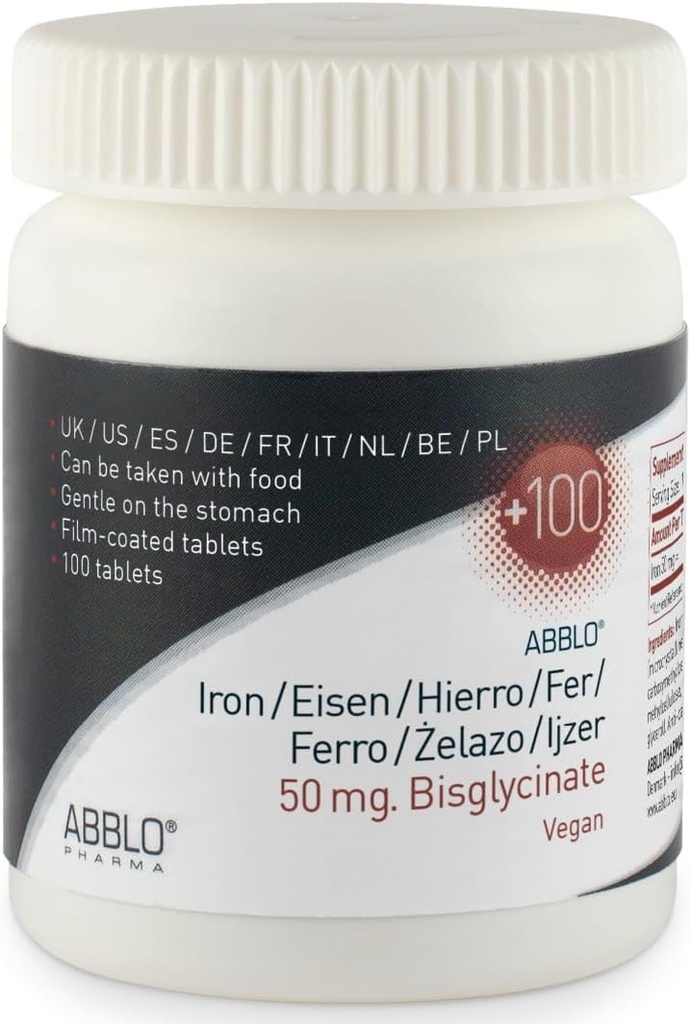 50mg. BISGLYCINATE de fer (100 unités) ABBLO est doux sur l'estomac et peut être pris avec des aliments.
