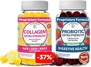 Lunakai Collagen and Probiotique Gummies Bundle - Non-OGM, sans gluten - Anti-vieillissement, croissance des cheveux, soins de la peau et ongles forts et santé digestive - 30 jours d'approvisionnement