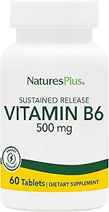 NaturesPlus Vitamine B6 (Pyridoxine HCI), libération prolongée - 500 mg, 60 comprimés végétariens - Booster d'énergie et de métabolisme, Mémoire, Mood, Supplément de soutien immunitaire - Sans gluten - 60 portions