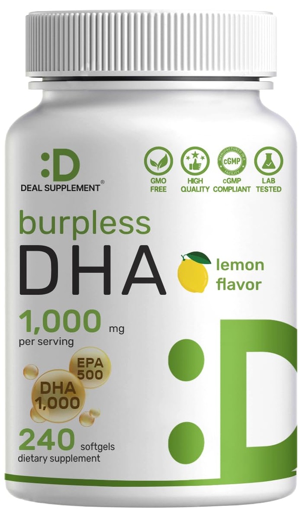 Suppléments DHA : 240 Softgels, Burpless, Lemon Flavor, DHA 1000mg + EPA 500mg, Poisson sauvage capturé, Riche en Oméga-3s, Sans mercure, Non-OGM, Soutien Cerveau Coeur et Santé articulaire