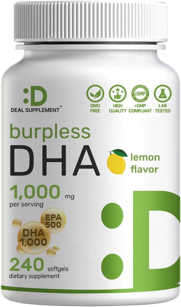 Suppléments DHA : 240 Softgels, Sans Burp, Saveur de citron, DHA 1000mg + EPA 500mg, Poisson sauvage capturé, Riche en Oméga-3s, Sans mercure, Non-OGM, Soutien Cœur de cerveau et santé articulaire
